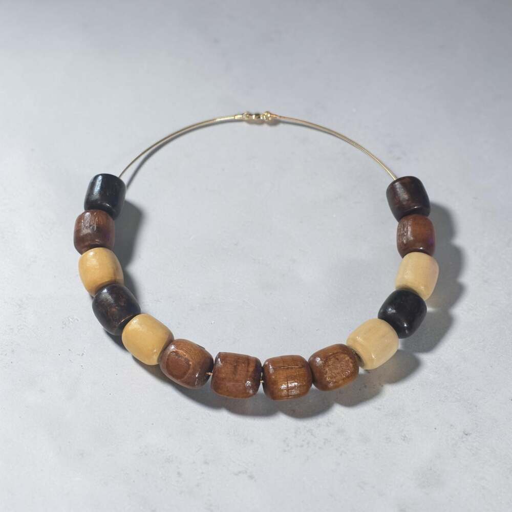 Boho Mixed Wood Bead Choker Necklace with Gold Tone Wire